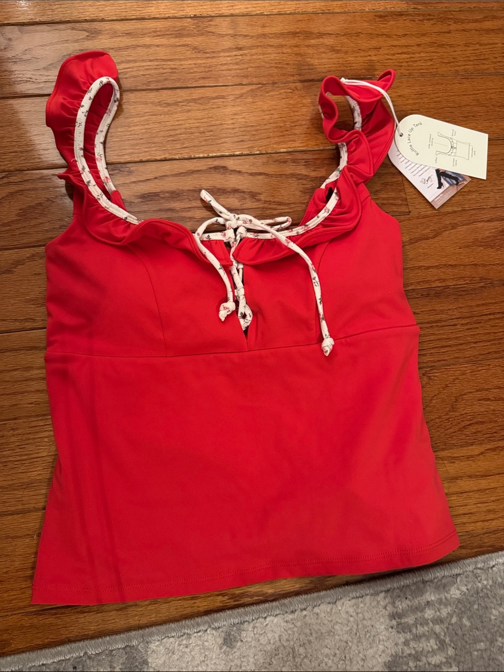 Women’s Red Ruffle Strap Tank Top with Contrast Tie